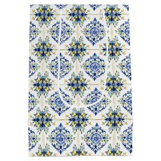 Lemon Floral Italian Tile Blue and White Decoupage Medium Gift Bag