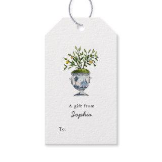 Lemon tree topiary in blue and white pot Gift tags