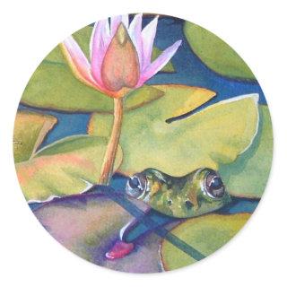 Leopard Frog Lily Pads Lotus Flower Watercolor Art Classic Round Sticker