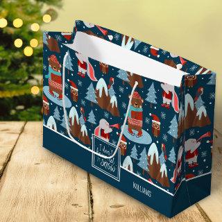 Let it Snow Cute Animal Name Blue Christmas Large Gift Bag