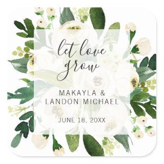 Let Love Grow Elegant White Floral Wedding Favor Square Sticker