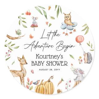 Let the Adventure Begin' Woodland Baby Shower Classic Round Sticker