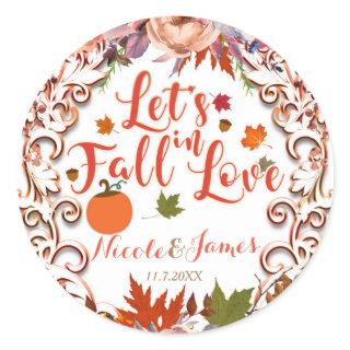 Let's Fall In Love Autumn Floral BRIDAL SHOWER Classic Round Sticker