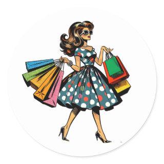 Let's Go Shopping! Funny Woman with Bags Classic Round Sticker