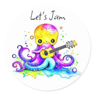 Let's Jam  | Octopus Playing Acoustic Guitar Classic Round Sticker