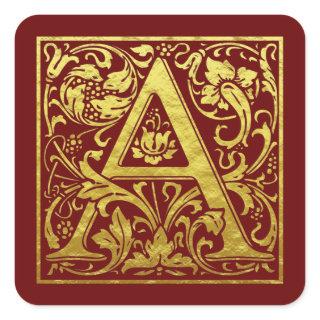 Letter A First Letter Faux Gold and Red Square Sticker