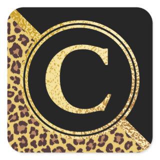 Letter C Monogram Leopard Print Gold and Black Square Sticker