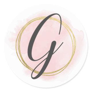 Letter G Monogram Blush Pink Watercolor Gold Chic Classic Round Sticker