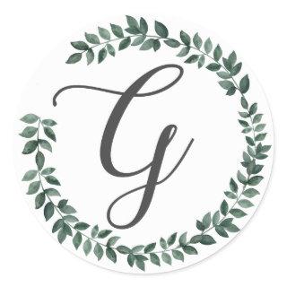 Letter G Monogram Minimalist Botanical Leaf Wreath Classic Round Sticker