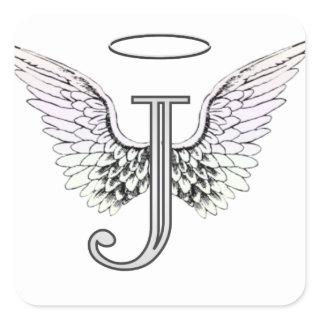 Letter J Initial Monogram with Angel Wings & Halo Square Sticker