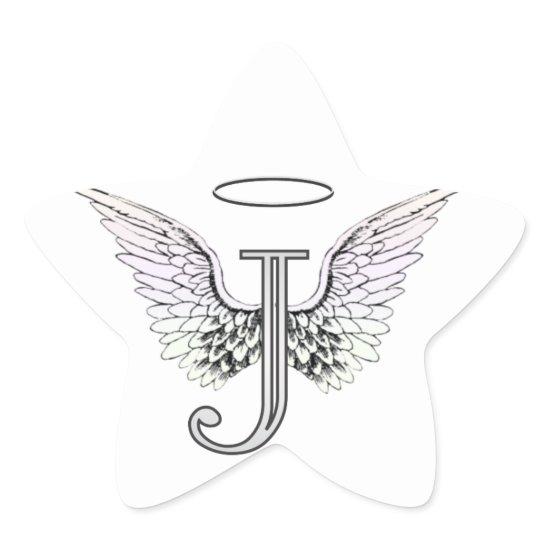 Letter J Initial Monogram with Angel Wings & Halo Star Sticker