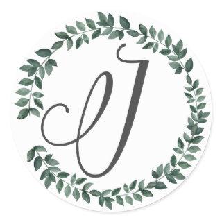 Letter J Monogram Minimalist Botanical Leaf Wreath Classic Round Sticker