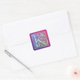 Letter K  Colorful Vintage First Letter Gradient Square Sticker