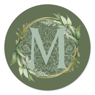 Letter M Monogram Initial Botanical Green Leaves Classic Round Sticker