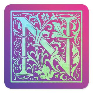 Letter N Colorful Vintage First Letter Gradient Square Sticker