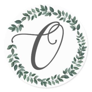 Letter O Monogram Minimalist Botanical Leaf Wreath Classic Round Sticker
