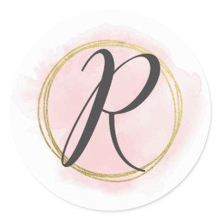Letter R Monogram Blush Pink Watercolor Gold Chic Classic Round Sticker