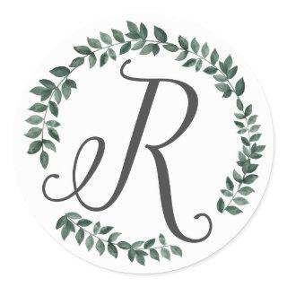 Letter R Monogram Minimalist Botanical Leaf Wreath Classic Round Sticker