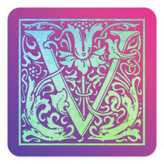 Letter V Colorful Vintage First Letter Gradient Square Sticker