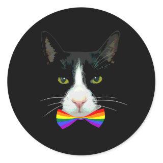 LGBT Gay Cat with Rainbow Bow Tie Classic Round Sticker