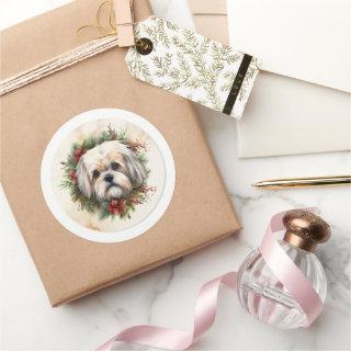 Lhasa Apso Christmas Wreath Festive Pup  Classic Round Sticker