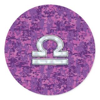 Libra Zodiac Symbol on Fuchsia Digital Camo Classic Round Sticker