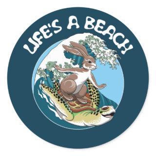 Life's a Beach - Rabbit and Turtle Surfing Classic Round Sticker