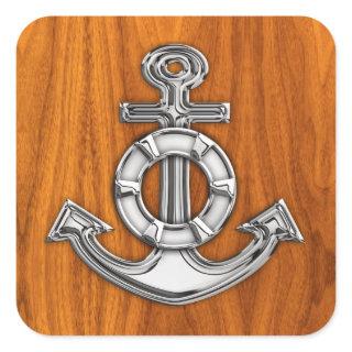 Lifesaver Chrome Like Anchor on Teak Veneer Square Sticker