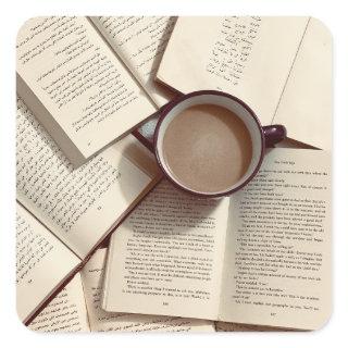Light Academia Aesthetic coffee and books Square Sticker