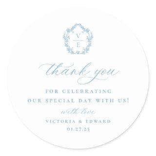 Light Blue Crest Monogram Wedding Thank You Classic Round Sticker