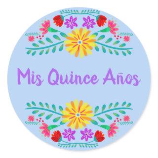 Light Blue Mis Quince Anos Mexican Fiesta Floral Classic Round Sticker