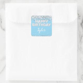 Light Blue Silver Birthday Party Favor Square Sticker