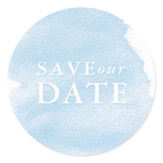 Light Blue Watercolor Wash Save our Date Classic Round Sticker