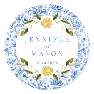 Light lue chinoiserie wedding monogram stickers
