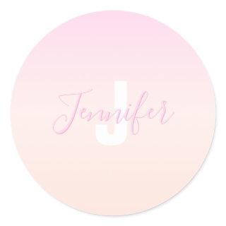 Light Pink & Peach Gradient Ombre Name & Monogram  Classic Round Sticker