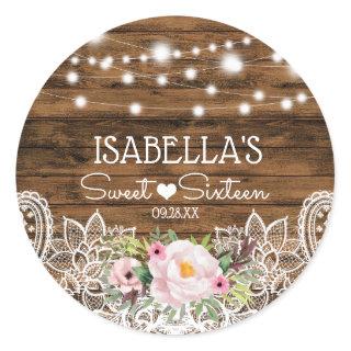 Lights Wood Floral and Lace Sweet 16 Thank You Classic Round Sticker