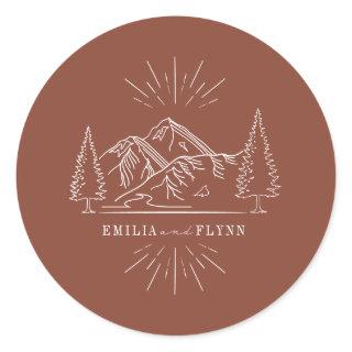 Line Art Mountains Wedding Terracotta Wedding Classic Round Sticker