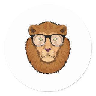 Lion as Nerd with Glasses Classic Round Sticker