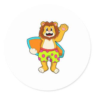 Lion as Surfer with Surfboard Classic Round Sticker