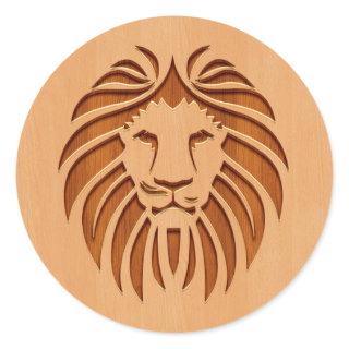 Lion head engraved on wood design classic round sticker