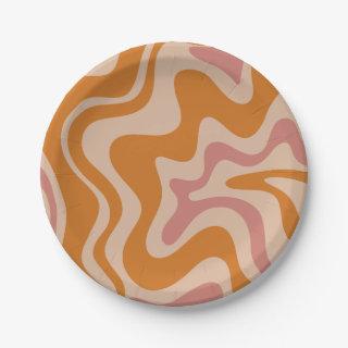 Liquid Swirl Retro Vibe Orange and Dusky Pink Paper Plates