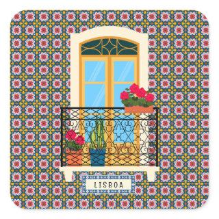 Lisbon house window with plants and tiles square sticker