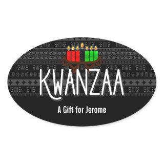 Lit Candles on Kinara with Kwanzaa and Custom Name Oval Sticker