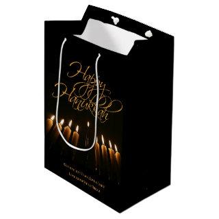 Lit Menorah Elegant Black & Gold Happy Hanukkah Medium Gift Bag