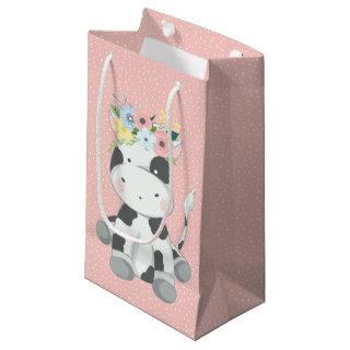 Little Baby Cow Calf With Floral Crown Pastel Pink Small Gift Bag