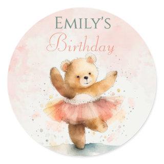 Little bear ballerina watercolor pink Birthday  Classic Round Sticker