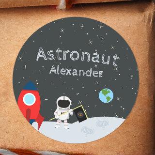 Little Boy Astronaut on Moon, First Name Space Classic Round Sticker