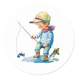 Little Boy Fishing Illustration   Classic Round Sticker
