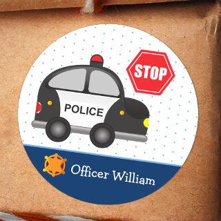Little Boy Police Officer and Car Kid Blue Classic Round Sticker
