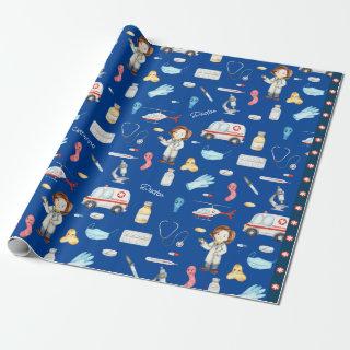 Little Girl Doctor Medical Pattern with Name, Blue